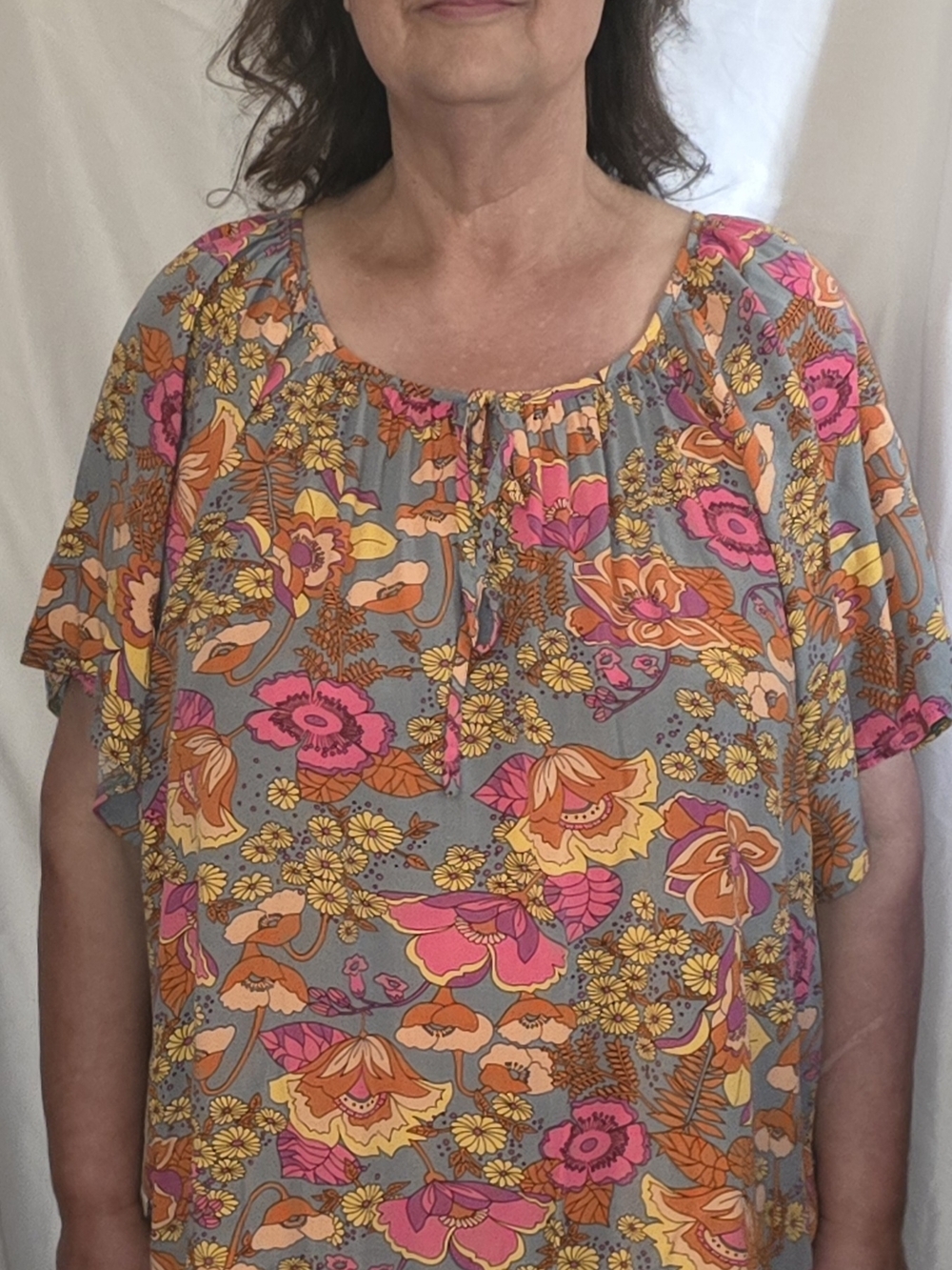 Women's Gray/Blue  Floral Short-Sleeve Blouse - Pink & Orange Floral